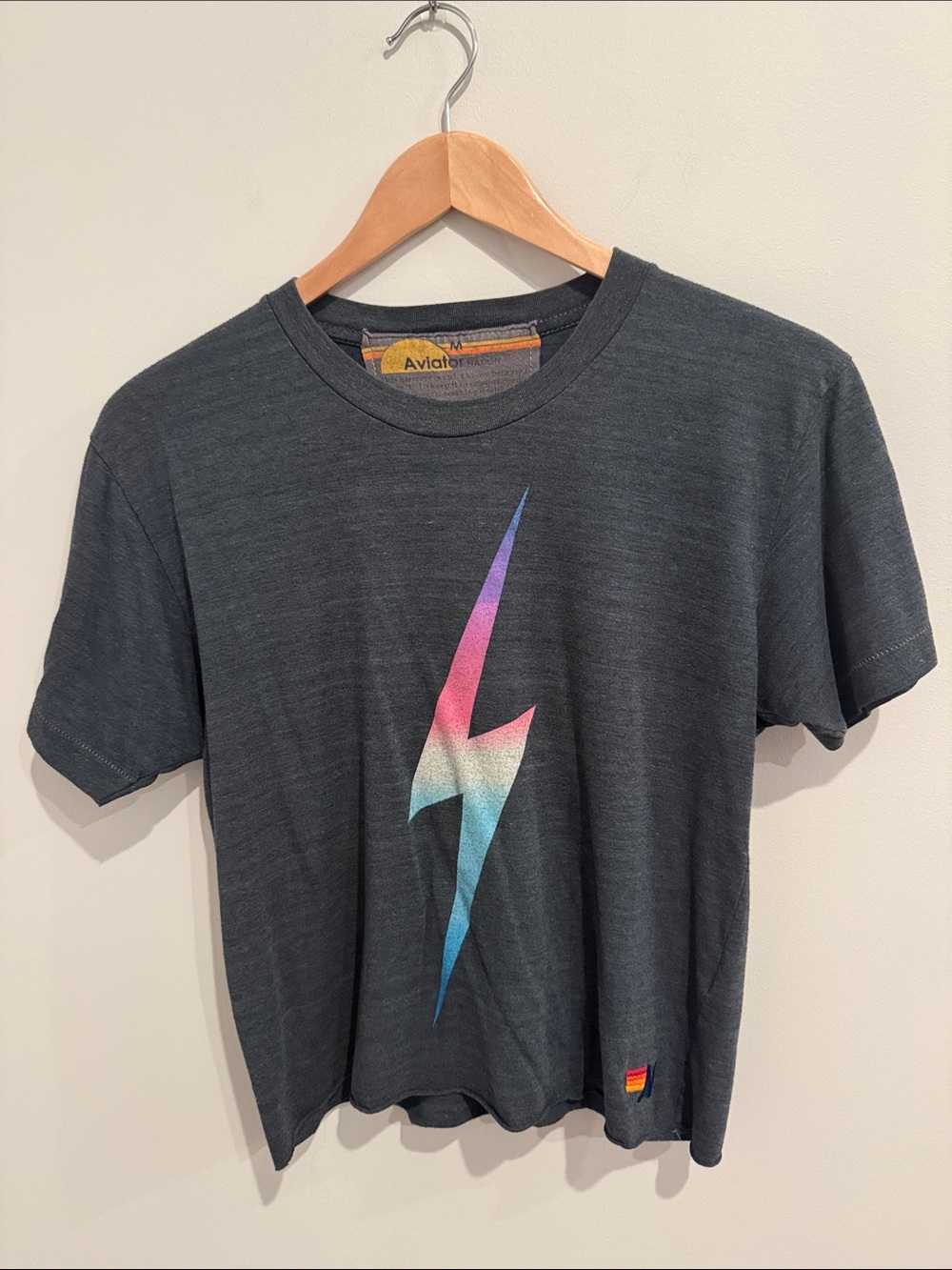 Aviator Nation Charcoal Tee with Multicolor Lightning Graphic